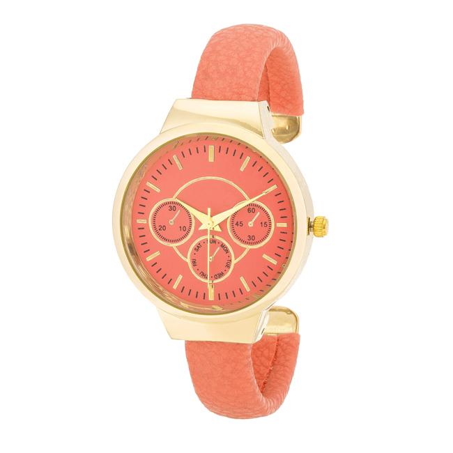 Reyna Gold Coral Leather Cuff Watch - Jewelry Xoxo