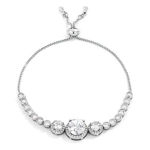 Adjustable Rhodium Plated Graduated Clear CZ Bolo Style Tennis Bracelet - Jewelry Xoxo