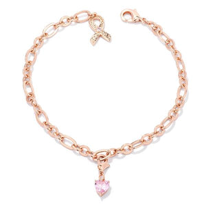 Rose Gold Plated Breast Cancer Awareness Ribbon and Heart Charm Bracelet - Jewelry Xoxo