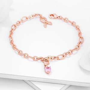 Rose Gold Plated Breast Cancer Awareness Ribbon and Heart Charm Bracelet - Jewelry Xoxo