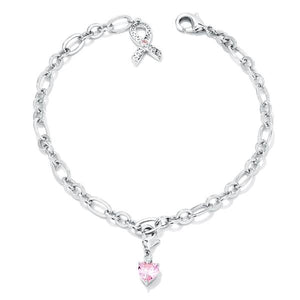 Breast Cancer Awareness Ribbon and Heart Charm Bracelet - Jewelry Xoxo