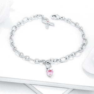 Breast Cancer Awareness Ribbon and Heart Charm Bracelet - Jewelry Xoxo