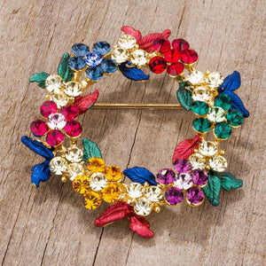 Multicolor Floral Wreath Brooch With Crystals - Jewelry Xoxo