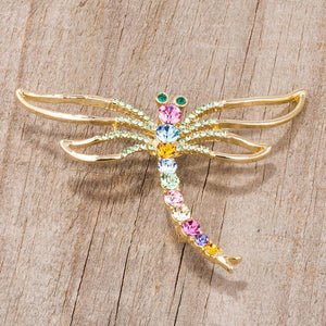 Gold Tone Multicolor Dragonfly Brooch With Crystals - Jewelry Xoxo