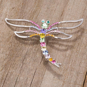 Rhodium Multicolor Dragonfly Brooch With Crystals - Jewelry Xoxo