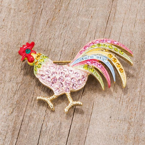 Gold Tone Multicolor Rooster Brooch With Crystals - Jewelry Xoxo