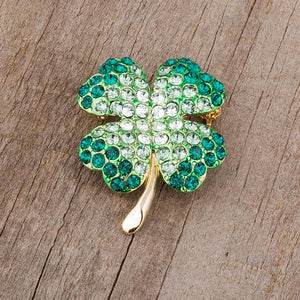 Green And Gold Tone Shamrock Brooch With Crystals - Jewelry Xoxo