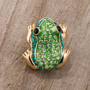 Green And Gold Tone Frog Brooch With Crystals - Jewelry Xoxo