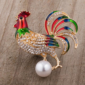 Gold Tone Multicolor Enamel Rooster Brooch With Crystals - Jewelry Xoxo