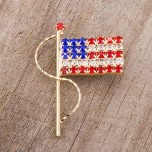 Gold Tone USA Flag Brooch With Crystals - Jewelry Xoxo