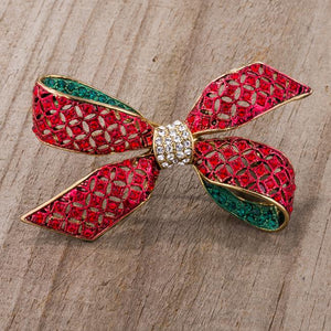 Red And Green Bow Brooch With Crystals - Jewelry Xoxo