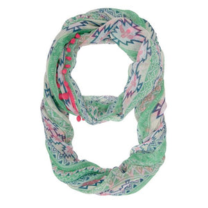 Mara Pink Cultural Print Infinity Scarf With Pom Poms - Jewelry Xoxo