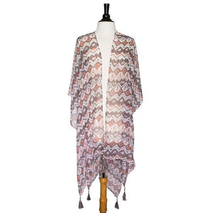 Grey Gena Geometric Print Shawl Cover Up With Tassels - Jewelry Xoxo