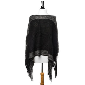Black Lightweight Knit Fringe Poncho - Jewelry Xoxo