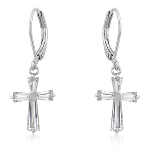 Cubic Zirconia Rhodium Plated Finish Cross Earrings - Jewelry Xoxo