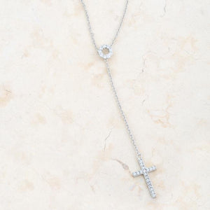 Miranda 0.3ct CZ Rhodium Classic Lariat Cross Necklace - Jewelry Xoxo