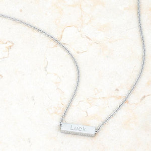 Luck Rhodium Stainless Steel Bar Script Necklace - Jewelry Xoxo