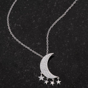 .6Ct Dazzling Rhodium Moon and Stars Necklace with CZ - Jewelry Xoxo