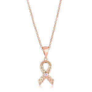 18k Rose Gold Plated Heart Filigree Breast Cancer Awareness Ribbon Pendant - Jewelry Xoxo