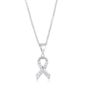 Rhodium Plated Heart Filigree Breast Cancer Awareness Ribbon Pendant - Jewelry Xoxo