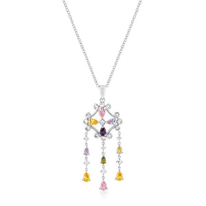 Rhodium Plated Multi-Color Dangle Pendant - Jewelry Xoxo