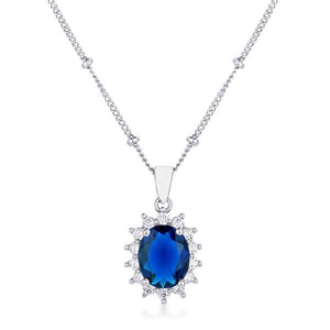 Rhodium Plated Sapphire Blue Petite Royal Oval Pendant - Jewelry Xoxo