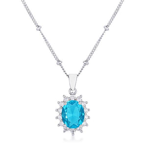 Rhodium Plated Aqua Blue Petite Royal Oval Pendant - Jewelry Xoxo