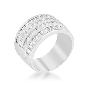 4 Row Rhodium Cubic Zirconia Cocktail Ring - Jewelry Xoxo