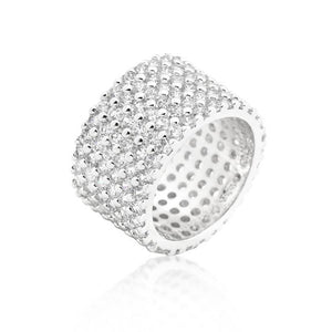 Rhodium Plated Finishd Wide Pave Cubic Zirconia Ring - Jewelry Xoxo