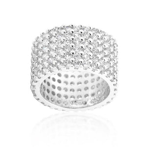 Rhodium Plated Finishd Wide Pave Cubic Zirconia Ring - Jewelry Xoxo