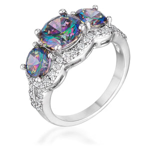 4 Ct Three Stone Rhodium Ring with Mystic and Clear CZ - Jewelry Xoxo