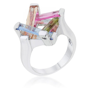 Myra Ring 10ct Multicolor CZ Rhodium Cocktail Ring - Jewelry Xoxo