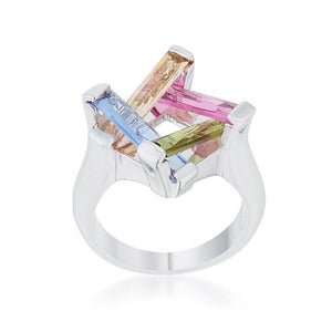 Myra Ring 10ct Multicolor CZ Rhodium Cocktail Ring - Jewelry Xoxo