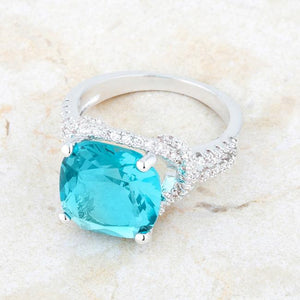 Charlene 6.2ct Aqua CZ Rhodium Classic Statement Ring - Jewelry Xoxo