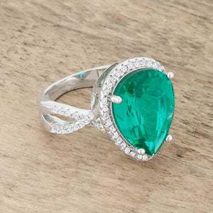 Laura 9.9ct Blue Green CZ Rhodium Classic Teardrop Ring - Jewelry Xoxo