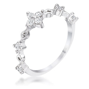 .24Ct Rhodium Plated Clear CZ Mini Floral Half Eternity Stackable Band - Jewelry Xoxo