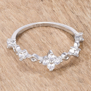 .24Ct Rhodium Plated Clear CZ Mini Floral Half Eternity Stackable Band - Jewelry Xoxo