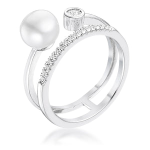 .15Ct Rhodium Plated CZ and Freshwater Pearl Contemporary Double Band Ring - Jewelry Xoxo