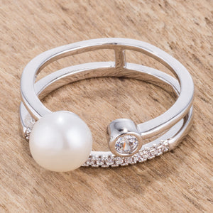 .15Ct Rhodium Plated CZ and Freshwater Pearl Contemporary Double Band Ring - Jewelry Xoxo