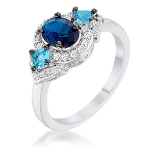 1.3Ct Rhodium and Hematite Plated Shades of Blue CZ Three Stone Engagement Ring - Jewelry Xoxo