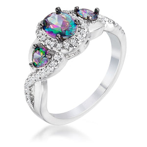 1.43Ct Rhodium & Hematite Plated Mystic & Clear CZ Three Stone Twisted Shank Ring - Jewelry Xoxo