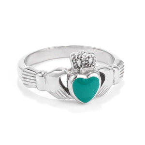 Stainless Steel Irish Claddagh Ring with Green Enamel Heart - Jewelry Xoxo