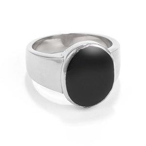 Mens Stainless Steel Oval Black Enamel Ring - Jewelry Xoxo