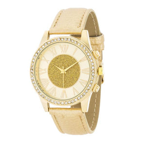 Shira Crystal Leather Watch With Gold Leather Strap - Jewelry Xoxo