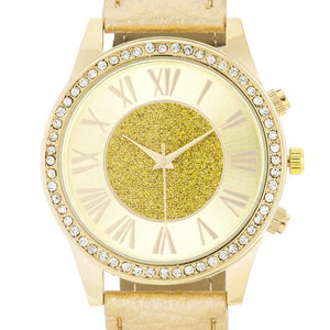 Shira Crystal Leather Watch With Gold Leather Strap - Jewelry Xoxo