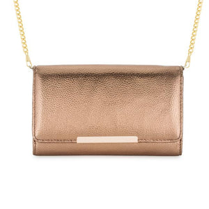 Laney Bronze Metallic Pebbled Faux Leather Clutch With Gold Chain Strap - Jewelry Xoxo