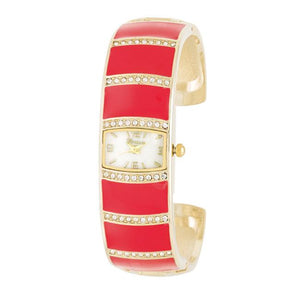 Gold Cuff Watch With Crystals - Pink - Jewelry Xoxo