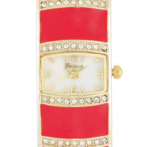 Gold Cuff Watch With Crystals - Pink - Jewelry Xoxo