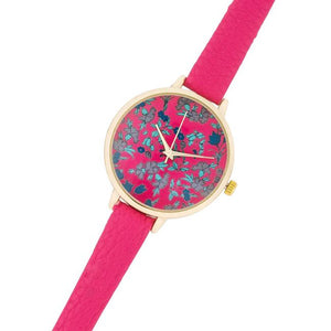 Gold Watch With Floral Print Dial - Jewelry Xoxo