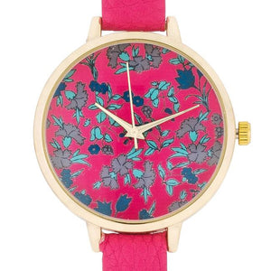 Gold Watch With Floral Print Dial - Jewelry Xoxo